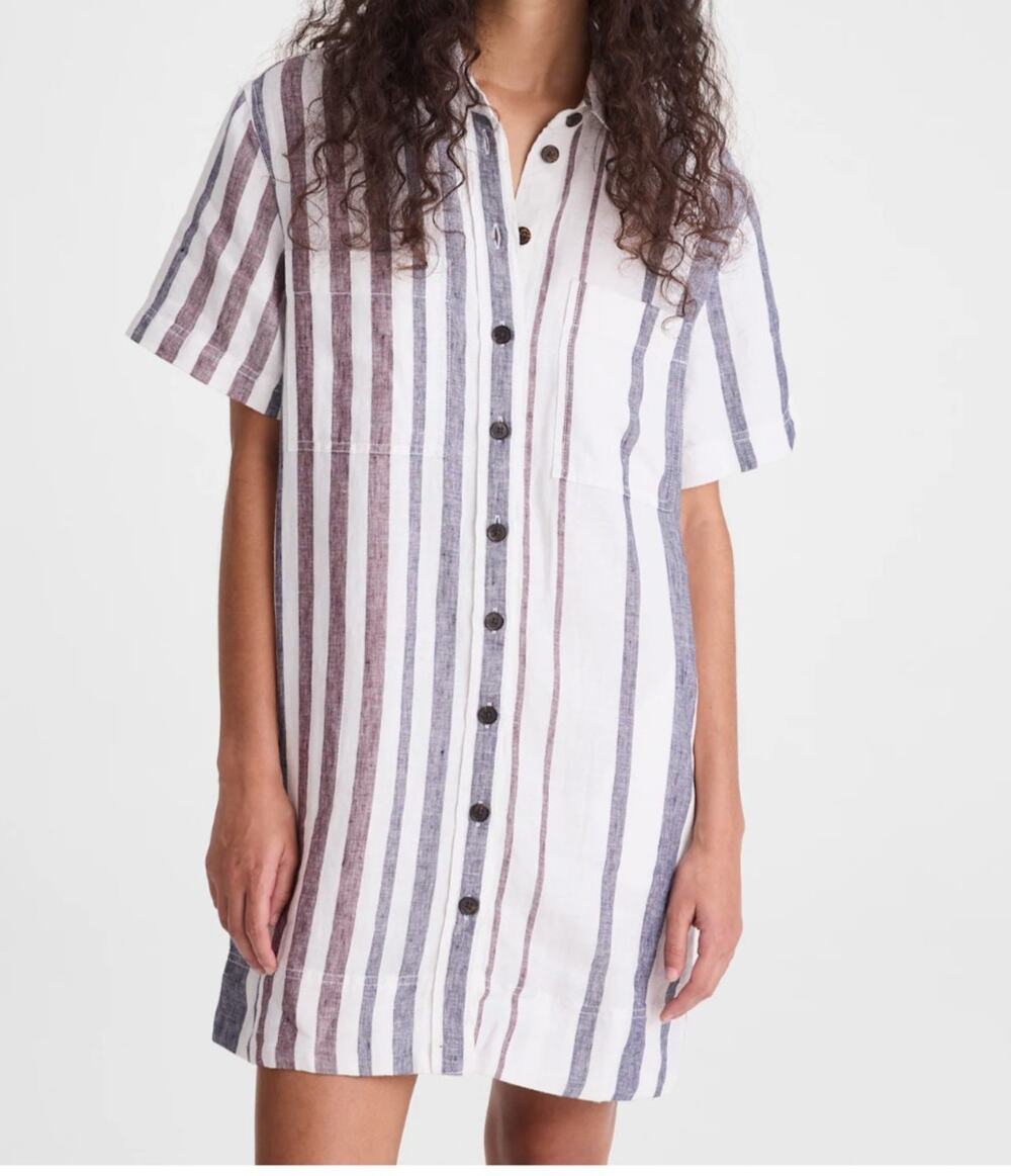 Madewell Linen-Cotton Shirt Dress Sz Medium Coastal Stripes Pockets Beach Resort